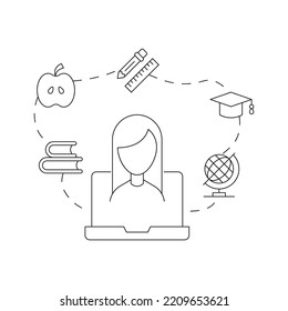 Line illustrator of female student on screen of laptop surrounded by books, apple, liner and pencil, globe and Square academic cap 