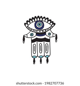 Line image of Fatima hand or hamsa with evil eye, cartoon vector illustration isolated on white background. Jewish or turkish protective amulet or luck charm.