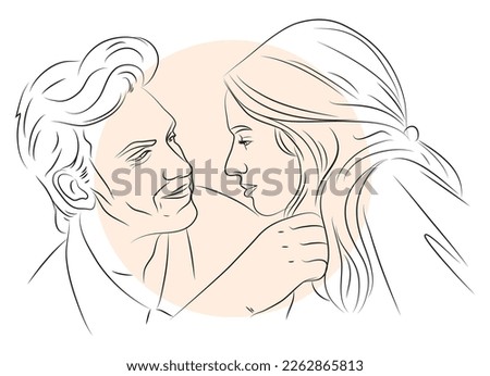 Line image. A man looks into a woman's eyes.