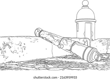 Line images of the corner of Forte São Matheus, in Cabo Frio, Rio de Janeiro, Brazil. Image of a cannon and a guardhouse.