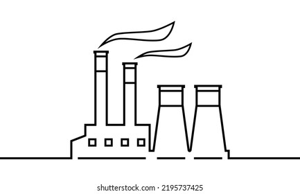 Line Industrial Factory Or Power Plant (powerhouse) With Smoke Black Outline Icon Flat Vector Design.