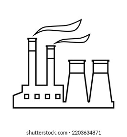 Line Industrial Factory Or Power Plant (powerhouse) With Smoke Black Outline Icon Flat Vector Design.