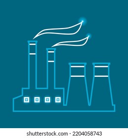 Line Industrial Factory Or Power Plant (powerhouse) With Smoke On Blue Background Outline Icon Flat Vector Design.