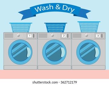 Line of industrial laundry machines in Flat style (rows of washing machines, laundromat machine washer line). Laundry service design Wash and Dry, Vector Illustration.