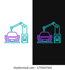 Line Industrial machine robotic robot arm hand on car factory icon isolated on white and black background. Industrial automation production automobile. Colorful outline concept. Vector