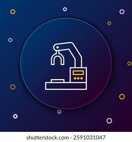 Line Industrial machine robotic robot arm hand factory icon isolated on blue background. Industrial robot manipulator. Colorful outline concept. Vector
