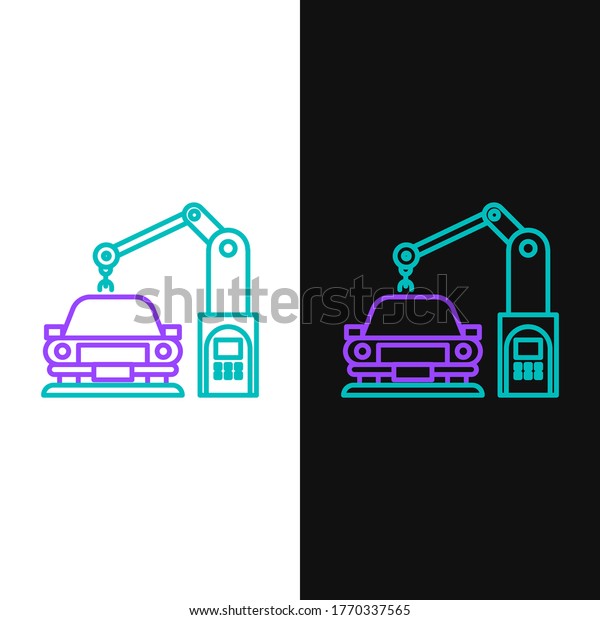 Line Industrial machine robotic robot arm hand on\
car factory icon isolated on white and black background. Industrial\
automation production automobile. Colorful outline concept.\
Vector