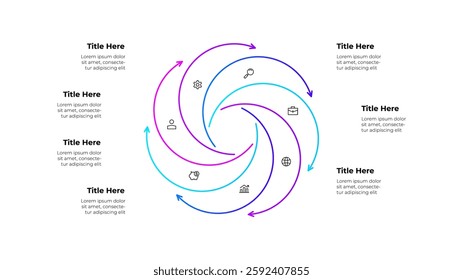 Line infographic diagram featuring a circular workflow with 7 arrows and icons. Business concepts showing growth, finance, and planning, symbolizing continuous improvement and strategic processes