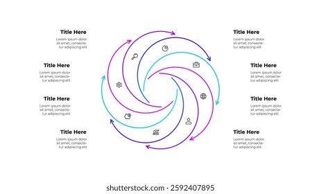 Line infographic diagram featuring a circular workflow with 8 arrows and icons. Business concepts showing growth, finance, and planning, symbolizing continuous improvement and strategic processes