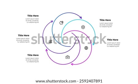 Line infographic diagram featuring a circular workflow with 5 arrows and icons. Business concepts showing growth, finance, and planning, symbolizing continuous improvement and strategic processes