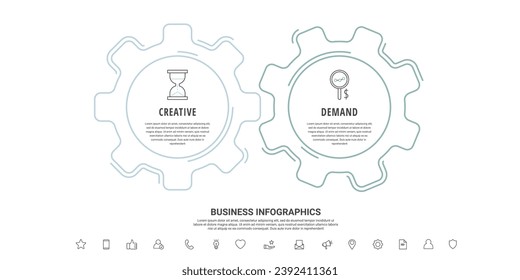 Line infographic gears with 2 steps. Vector timeline with cogwheels for business concept and chart