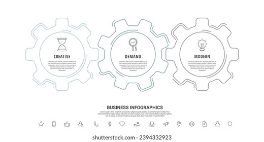 Line infographic gears with 3 steps. Vector timeline with cogwheels for business concept and chart