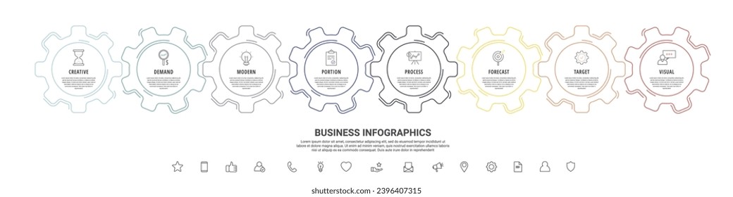 Line infographic gears with eight steps. Vector timeline with cogwheels for business concept and chart