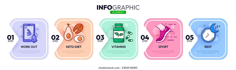 Line infographics. Keto diet, nutrition, rest, vitamins and workout scheme or presentation page vector template. Healthy nutrition, and fitness exercise, food supplements and rest outline infographics