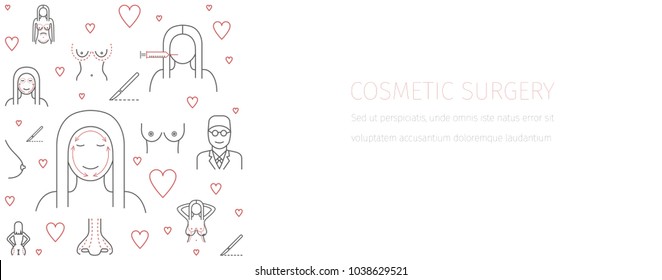 Line infographics Plastic Surgery, cosmetic surgery banner. Breast augmentation signs. Vector symbols