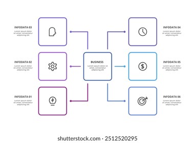 Line Infographics. Template for growth chart, graph, presentation, chart. Business startup lamp concept with 6 options, parts, steps, processes.