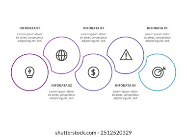 Line Infographics. Template for growth chart, graph, presentation, chart. Business startup lamp concept with 5 options, parts, steps, processes.