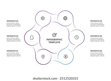 Infográficos de linha. Modelo para gráfico de crescimento, gráfico, apresentação, gráfico. Conceito de lâmpada de inicialização de negócios com 6 opções, peças, etapas, processos.