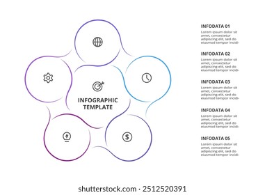 Line Infographics. Template for growth chart, graph, presentation, chart. Business startup lamp concept with 5 options, parts, steps, processes.