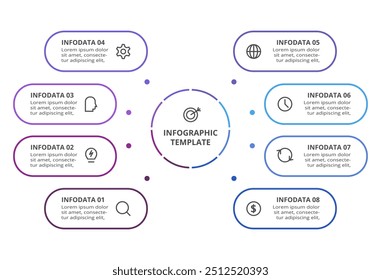 Line Infographics. Template for growth chart, graph, presentation, chart. Business startup lamp concept with 8 options, parts, steps, processes.