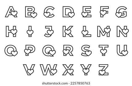 alinear letras iniciales con el corazón. día de San Valentín, alfabeto romántico y amoroso. imágenes vectoriales aisladas