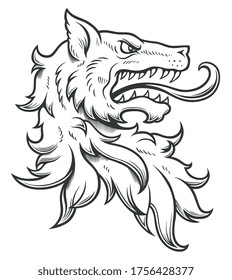 Line ink drawing of heraldic wolf head. Vector illustration. 