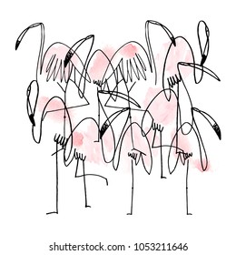 line ink pattern. hand drawn abstract flamingo pattern. beautiful flamingo design. modern line drawing. flamingo set. cartoon bird character. isolated on white background. different poses. minimalism.