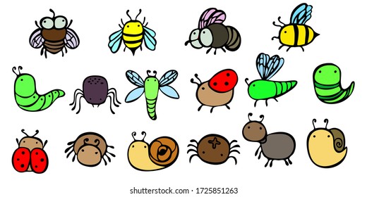 Line insects in color. Set of small, thick, simple  Insects, doodle style. Print for children's coloring, print for clothes, t-shirts, cups, postcard. Coloring. Vector. Line insect.