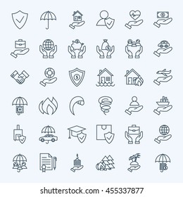 Line Insurance Service Icons Set. Vector Collection of Modern Thin Outline Business Life Insurance Symbols.
