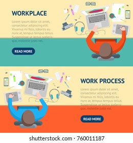 Line Interior Designer Workflow Banner Horizontal Set Top View Web Style Design. Vector illustration