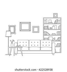 Line Interior Of Living Room With Furniture. Vector Thin Illustration Of Living Room.
