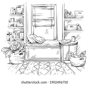 line interior sketch, a cozy window seat with bookshelves on the side, black and white drawing