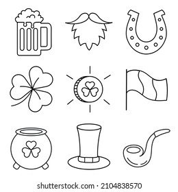 Line Irish Saint Patrick Day Icons Set. Holiday symbols collection, vector sketches, logo illustrations, saint patrick icons isolated on white background. Set of elements of shamrock, leprechaun hat, 
