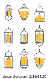 Line Islamic Arabic Lantern Symbol Icon Collection Set. Hand drawn set of lanterns. Vector illustration in doodle style