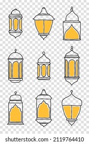 Linie Islamische arabische Laterne Symbol Symbol Symbol Sammlung Set. Handgezeichnete Laternen. Vektorgrafik im Doodstil
