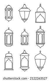 Line Islamic Arabic Lantern Symbol Icon Collection Set. Hand drawn set of lanterns. Vector illustration in doodle style