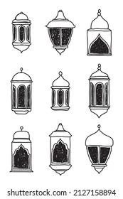 Line Islamic Arabic Lantern Symbol Icon Collection Set. Hand drawn set of lanterns. Vector illustration in doodle style