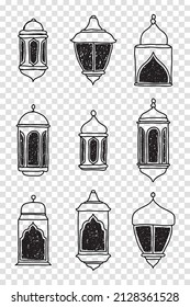 Linie Islamische arabische Laterne Symbol Symbol Symbol Sammlung Set. Handgezeichnete Laternen. Vektorgrafik im Doodstil