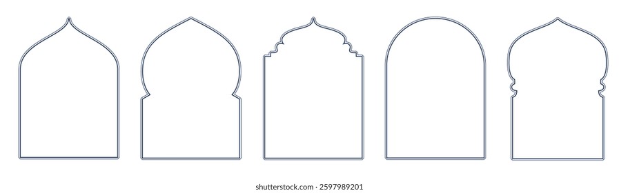 Line islamic windows, mosque doors isolated on white. Ramadan or Al-Adha decoration, holiday frames. Vertical format for cards or social media. Transparent background in vector file.