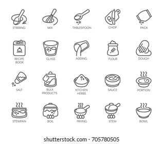 Line isolated icons on kitchen theme. Outline labels for cooking projects, home appliances, products, stickers, printing in books, buttons on sites and apps. Editable Stroke. 48x48 Pixel Perfect