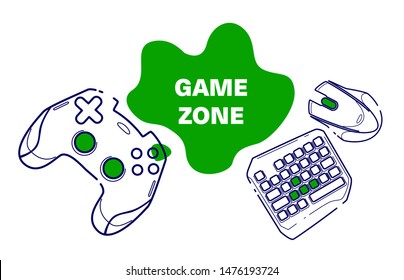 Line isolated minimalistic illustration  fo game zone or game room. Geek concept competitive. Consoles and pc games for banner, poster, logo.