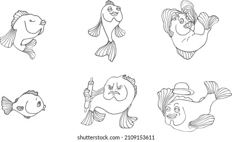  line Isolated Vector Illustration for coloring  . Fishes with different emotion, vector emoji Illustration. May be to use as sticker
