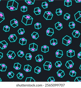Line Isometric cube icon isolated seamless pattern on black background. Geometric cubes solid icon. 3D square sign. Box symbol.  Vector Illustration