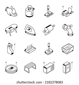 Line Isometric Icons of Household Cleaning

