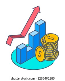 Line isometric illustration of pile of dollar coins at the growth graph and increasing arrow. The business increase, money, income growth, profit, gain, wealth, success, flat outline vector concept.