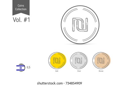 Line Israeli Shekel coin vector. Isolated on white background. Simple thin line coin icons for websites, web design, mobile app, infographics.