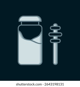 Line Jar of honey and honey dipper stick icon isolated on black background. Food bank. Sweet natural food symbol. Honey ladle. Flat filled outline style with shadow. Vector