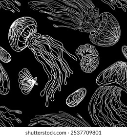 Line of jellyfish and shells. Vector stylish monochrome pattern seamless