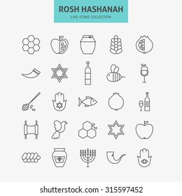 Line jüdischen Neujahr Feiertage Symbole große Set. Vektorgrafik-Kollektion von 25 Herbstrosh Hashanah Holiday   Moderne Thin Line Icons für Web und Mobile. Paket mit traditionellen Symbolen in Israel