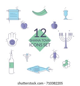 Line Jewish New Year Holiday Icons Big Set. Vector Collection of 25 Autumn Rosh Hashanah Holiday Modern Thin Line Icons for Web and Mobile. Israel Traditional Icons Bundle